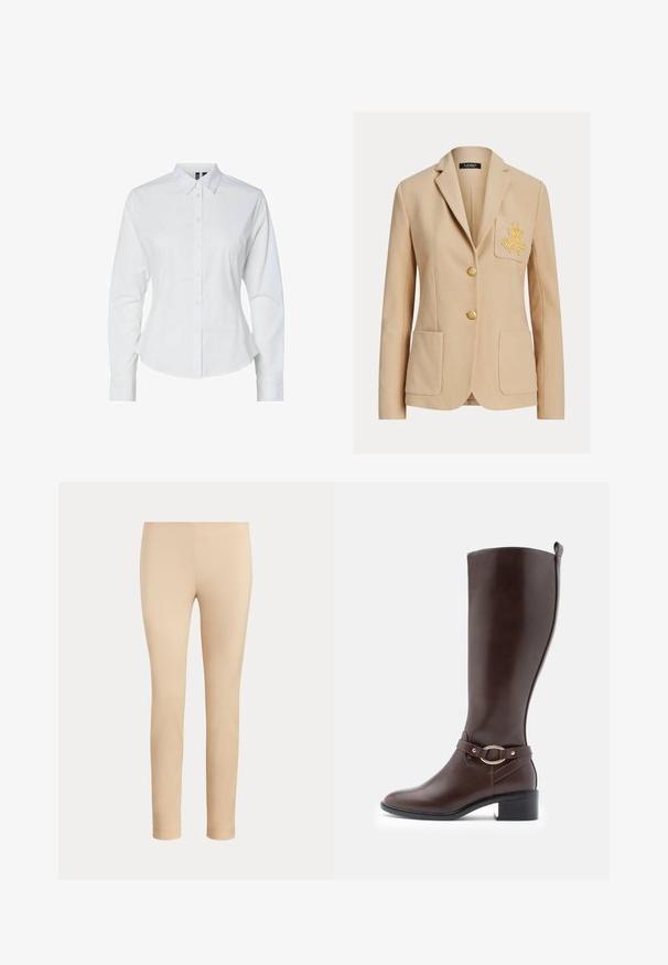 Blazer beige cintré avec deux poches frontales, broderie dorée sur la poche poitrine gauche, et deux boutons dorés au centre.; Chemise blanche à manches longues, col pointu et coupe ajustée. Fabriquée en tissu lisse avec un léger éclat.; Pantalon beige slim fit longueur cheville avec une finition lisse, sans poches visibles ni ornements, sur un fond uni.; Botte en cuir marron à hauteur de genou avec un bout rond, détail de sangle à boucle et un petit talon carré. Texture lisse et design minimaliste.
