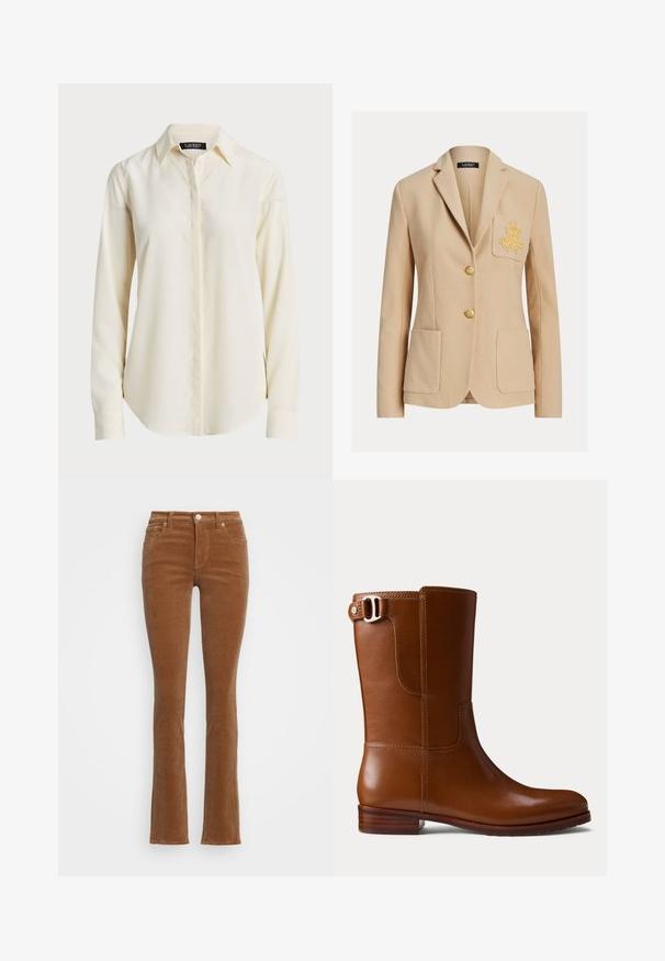 Blazer beige cintré avec deux poches frontales, broderie dorée sur la poche poitrine gauche, et deux boutons dorés au centre.; Chemise à manches longues crème clair avec un col pointu, un devant à boutons et une texture lisse ; présente un ourlet arrondi et une coupe ajustée.; Jean en velours côtelé marron évasé à taille haute, avec un design à cinq poches et une fermeture à bouton à l'avant. Texture douce avec des nervures verticales.; Bottine en cuir marron à finition lisse, bout arrondi et boucle décorative sur le côté. Caractérisée par un petit talon en bois et des détails de couture minimalistes.