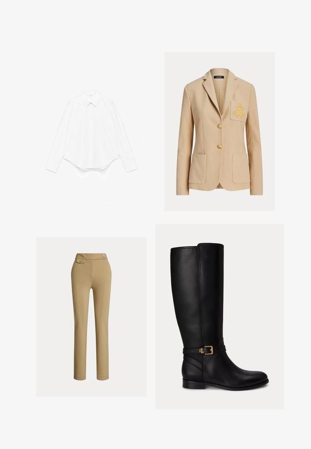 Blazer beige cintré avec deux poches frontales, broderie dorée sur la poche poitrine gauche, et deux boutons dorés au centre.; Chemise blanche à manches longues en coton, avec un col pointu, une fermeture à boutons sur le devant et un ourlet arrondi avec des poignets larges.; Pantalons beiges ajustés avec une texture lisse, taille haute, deux boutons décoratifs et une poche arrière. Design à jambe droite.; Botte noire en cuir montante jusqu'au genou avec talon bas, boucle dorée et petit logo embossé sur la sangle latérale.