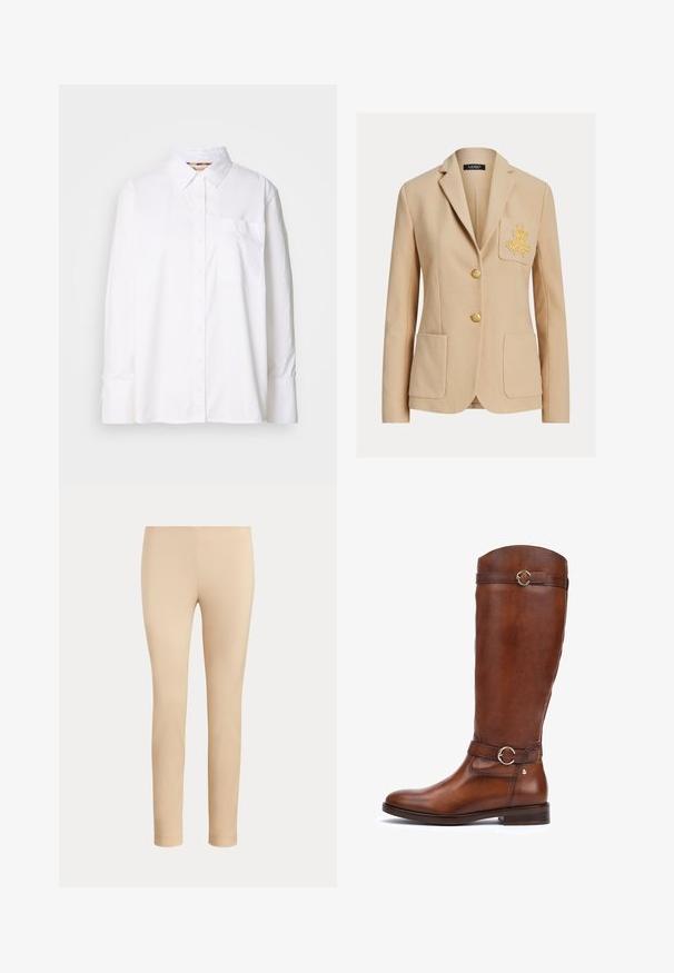Beige op maat gemaakte blazer met twee voorzakken, gouden borduurwerk op de linker borstzak en twee gouden knopen middenvoor.; Witte button-up shirt van katoen. Bevat een kraag, lange mouwen, een borstzak en een subtiele textuur. Eenvoudig ontwerp zonder patronen.; Beige slim-fit enkellange broek met een gladde afwerking en zonder zichtbare zakken of versieringen op een effen achtergrond.; Bruine leren laarzen tot de knie met een gladde afwerking, een ronde neus, een decoratieve band met een ronde gesp en een lage stapelhak.
