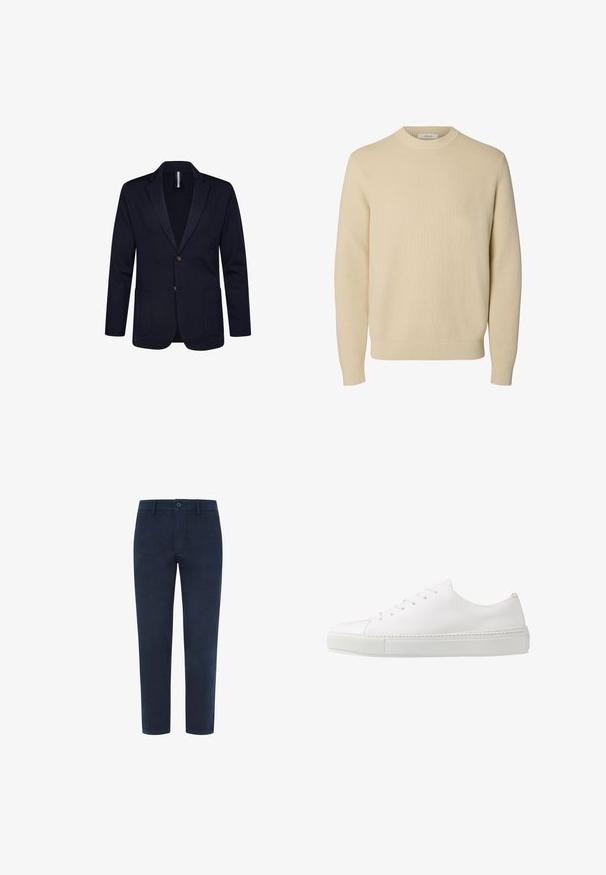 Marineblazer lavet af tekstureret stof, med en to-knaps lukning, slagkrave og to forlommer. Simpelt og skræddersyet design.; Enkel beige crewneck striktrøje med lange ærmer og ribstrikkede manchetter og kant.; Marineblå bomulds-chinos med knaplukning, lige ben og en glat tekstur. Har sidelommer og en enkelt baglomme.; Hvide lædersneakers med en glat finish, rund tå og seks øjer til snørebånd. Har en tekstureret gummisål og et minimalisk design.
