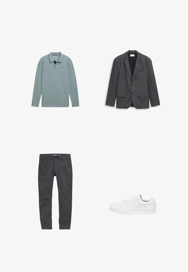 Donkergrijs herenblazer met inkeping revers, twee knopen, klepzakken en borstzak, weergegeven op een witte achtergrond.; Lange mouwen polo shirt in lichtblauw met een contrasterende marinekleurige kraag. Katoenen materiaal, met een klein logo op de linkerborst. Klassieke pasvorm.; Grijze katoenen broeken met een rechte snit, vo pockets en een knoopsluiting. Bevat subtiele branding en een soepele textuur.; Lage witte sneaker met vetersluiting, glad leren bovenwerk, gevoerde kraag en dikke rubberen zool, zijaanzicht op witte achtergrond.
