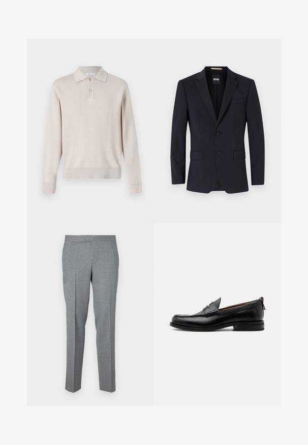 Marineblauer taillierter Blazer mit Reverskragen, Zwei-Knopf-Verschluss, Vordertaschen und einer Brusttasche. Glattes Material, strukturierte Passform.; Helles beiges Langarm-Polohemd aus weichem Material. Mit Kragen, Dreiknopf-Leiste sowie gerippten Bündchen und Saum.; Grau maßgeschneiderte Hose aus strukturiertem Stoff, mit flachem Vorderteil, Gürtelschlaufen und zwei Seitentaschen. Gerades Bein-Design.; Schwarzer Leder-Herrenschuh mit Mokassinnaht, Penny-Riemen, strukturiertem Kragen und niedrigem gestapeltem Absatz auf weißem Hintergrund.