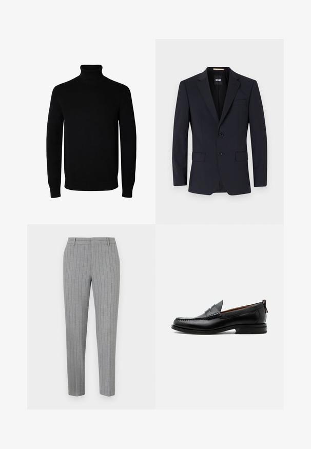 Marineblå skræddersyet blazer med klippede slag, to-knap lukning, forlommer og en enkelt brystlomme. Glat stof, struktureret pasform.; Sort langærmet rullekrave sweater med rib manchetter og kant, vist på en ensartet hvid baggrund.; Grå bukser med tynde striber, skræddersyet pasform, flad front og sidelommer. Fremstillet af et glat stof med en subtil glans.; Sort læder herre loafer med moc-tå syning, penny strop, struktureret krave og lav stablet hæl på hvid baggrund.