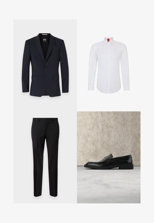 Blazer ajusté marine avec des revers notés, fermeture à deux boutons, poches avant et une poche poitrine unique. Tissu lisse, coupe structurée.; Chemise blanche à manches longues avec un col, dotée d'une fermeture à boutons sur le devant et d'un tissu doux et lisse. Aucun motif ou accent visible.; Pantalons noirs ajustés en tissu lisse, présentant une jambe droite, des détails de pli raffinés et une taille classique avec passants de ceinture.; Mocassin en cuir noir poli flottant au-dessus d'un tapis beige avec un mobilier translucide orange en arrière-plan.