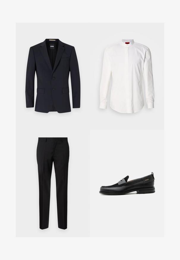 Marineblauer taillierter Blazer mit Reverskragen, Zwei-Knopf-Verschluss, Vordertaschen und einer Brusttasche. Glattes Material, strukturierte Passform.; Weißes Langarmhemd mit hohem Kragen, aus Baumwolle. Verfügt über eine durchgehende Knopfleiste, minimalistisches Design und dezente Markenkennzeichnung am inneren Kragen.; Schwarze maßgeschneiderte Hosen aus glattem Stoff, mit geradem Bein, feinen Bügelfalten und einem klassischen Bund mit Gürtelschlaufen.; Schwarzer Lederloafer mit grauem Riemendetail, niedrigem Absatz und strukturierter Sohle, seitlich mit „HUGO“ in Gold gebrandmarkt.