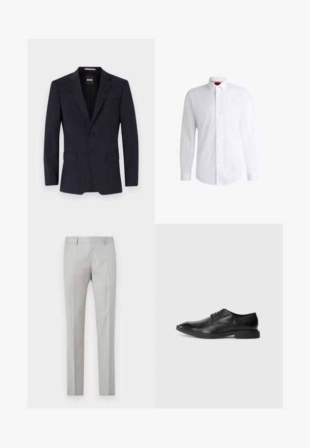 Blazer azul marino confeccionado a medida con solapas muesca, cierre de dos botones, bolsillos frontales y un bolsillo en el pecho. Tela suave, ajuste estructurado.; Camisa blanca de botones, confeccionada en tela suave, con collar clásico, mangas largas y dobladillo curvado. Presenta botones beige en la parte delantera.; Pantalones ajustados de color gris claro con una textura suave, frente plano y dos bolsillos laterales. Presentan piernas rectas y detalles de pliegue sutiles.; Zapato de vestir negro de cuero con una textura suave, punta afilada, diseño de cordones con seis ojales y un tacón rectangular bajo. Detalle de marca sutil en el lateral.