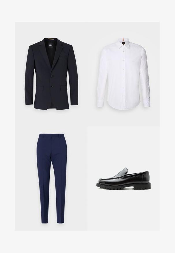 Blazer ajusté marine avec des revers notés, fermeture à deux boutons, poches avant et une poche poitrine unique. Tissu lisse, coupe structurée.; Chemise blanche à manches longues et à boutons en coton, avec un col classique, un logo discret près de la poitrine et des boutons blancs.; Pantalon ajusté bleu marine, avec une coupe slim, présentant une texture lisse, un devant plat et des jambes pliées. Pas de poches visibles ni d'embellissements.; Mocassin en cuir noir avec semelle en caoutchouc épaisse, dessus cousu et nom de marque embossé sur le talon, présenté de profil sur fond blanc.