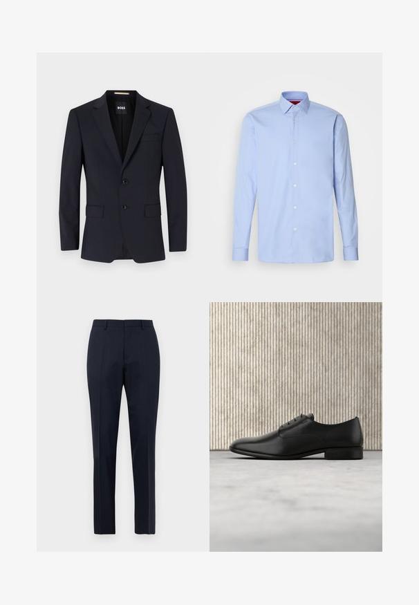 Blazer azul marino confeccionado a medida con solapas muesca, cierre de dos botones, bolsillos frontales y un bolsillo en el pecho. Tela suave, ajuste estructurado.; Camisa de dress de manga larga azul claro, confeccionada en algodón, con cuello clásico y cierre de botones en el frente con botones blancos. Textura suave.; Pantalones de vestir para hombre en azul marino, ajustados, con un sutil patrón de cuadros, pasadores para cinturón y pliegue frontal, exhibidos de frente sobre fondo blanco.; Zapato de vestir de cuero negro con un diseño elegante, punta redonda, cinco ojales para los cordones y un pequeño tacón elevado. Detalle de logo sutilmente embossado.