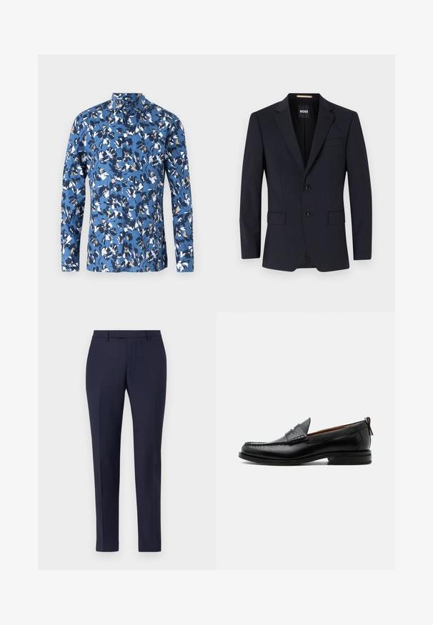 Marineblå skræddersyet blazer med klippede slag, to-knap lukning, forlommer og en enkelt brystlomme. Glat stof, struktureret pasform.; Blå langærmet skjorte med knapper, der har et blomsterprint i hvide, marine- og brune nuancer. Fremstillet af blødt bomuldsstof med krave.; Marineblå skræddersyede bukser med et elegant design, flad front, smalle ben og ingen synlige detaljer eller mønstre. Glat stoftekstur.; Sort læder herre loafer med moc-tå syning, penny strop, struktureret krave og lav stablet hæl på hvid baggrund.