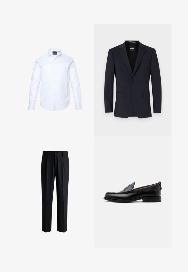 Marineblauwe blazer met opgestikte kraag, twee knopen, voorzakken en een enkele borstzak. Gladde stof, gestructureerde pasvorm.; Witte blouse met lange mouwen van gladde stof, met een knoopsluiting aan de voorkant, een puntige kraag en subtiele "JP" borduursel op de borst.; Zwarte broek van gladde stof, met een rechte pijpdesign, plooien aan de voorkant en een knoopsluiting met riemlussen.; Zwarte leren herensloffen met moc toe stiksel, pennyriem, gestructureerde kraag en lage gestapelde hak op witte achtergrond.