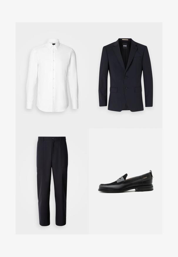 Marineblå skræddersyet blazer med klippede slag, to-knap lukning, forlommer og en enkelt brystlomme. Glat stof, struktureret pasform.; Hvid skjorte med lange ærmer, knaplukning foran, klassisk krave, lavet af glat stof med en subtil tekstur, designet til et tætsiddende udseende.; Mørk navy bukser lavet af glat stof, med en lige ben design, to sidelommer og en knaplukning i taljen.; Sort læderloafer med grå remdetalje, lav hæl og tekstureret sål, mærket med "HUGO" i guld på siden.