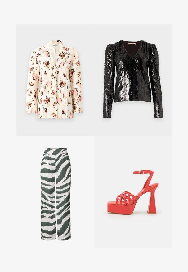 Blomsterblazer i cremefarvet stof med livlige mønstre i pink, sort og orange. Har en klassisk krave og skræddersyet pasform med lange ærmer.; Sort sequined langærmet top med V-hals og puffede skuldre, med en glat, struktureret overflade der reflekterer lys.; Bredde ben bukser lavet af letvægtsstof, med et grønt og hvidt zebra-stribe mønster. Elastisk talje med en afslappet pasform.; Jeffrey Campbell MODEST - Højhælede sandaletter / Højhælede sandaler - coral
