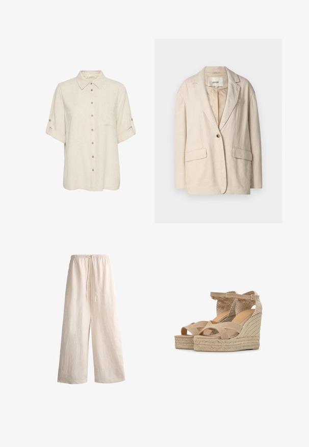 Beige linned blazer med struktureret design, enkelt knaplukning, spidse lapeller og to foran lommer. Glat tekstur og afslappet pasform.; Beige linned kortærmet skjorte med knaplukning foran, der har en brystlomme og oprullede ærmer med knapdetaljer. Glat tekstur.; Beige, vidde linnedbukser med elastisk talje og snøre, løs pasform egnet til afslappet brug.; Beige kile-sandaler med flettede platåsko, krydsede stropper over tæerne og justerbare ankelstropper med spænder.