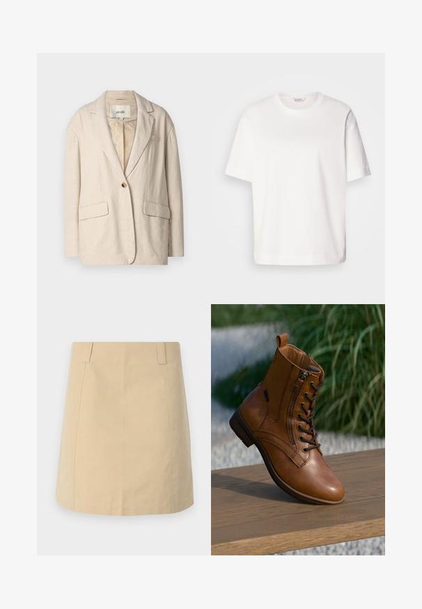 Beige linned blazer med struktureret design, enkelt knaplukning, spidse lapeller og to foran lommer. Glat tekstur og afslappet pasform.; Hvid bomulds t-shirt med korte ærmer, rund halsudskæring, afslappet pasform og glat tekstur; ingen mønstre eller synligt hardware.; Beige bomuldsnederdel med en lige form, der har frontfald, sidelommer og syede detaljer langs sømmene.; Brun læderankelstøvle med lynlås på siden og snørebånd, placeret på en træoverflade udendørs med sløret grønt område i baggrunden.