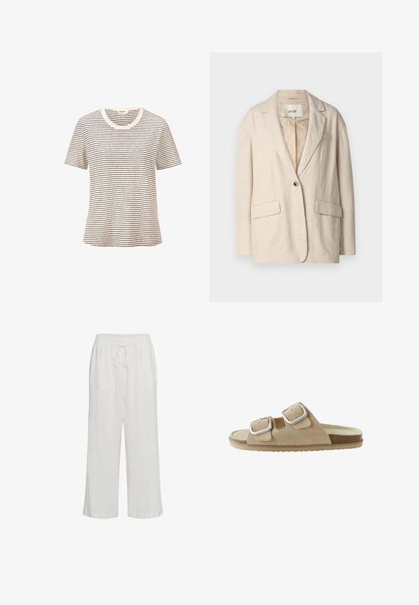 Blazer de lino beige con un diseño estructurado, cierre de un botón, solapas de pico y dos bolsillos delanteros. Textura suave y corte relajado.; Camiseta de rayas en color crema con finas líneas negras horizontales. Mangas cortas, cuello redondo, textura suave, corte relajado.; Pantalones blancos de lino de corte holgado con cintura elástica y cordón delantero, piernas anchas, longitud hasta el tobillo.; Sandalia beige de ante con dos hebillas plateadas ajustables y suela de goma plana.