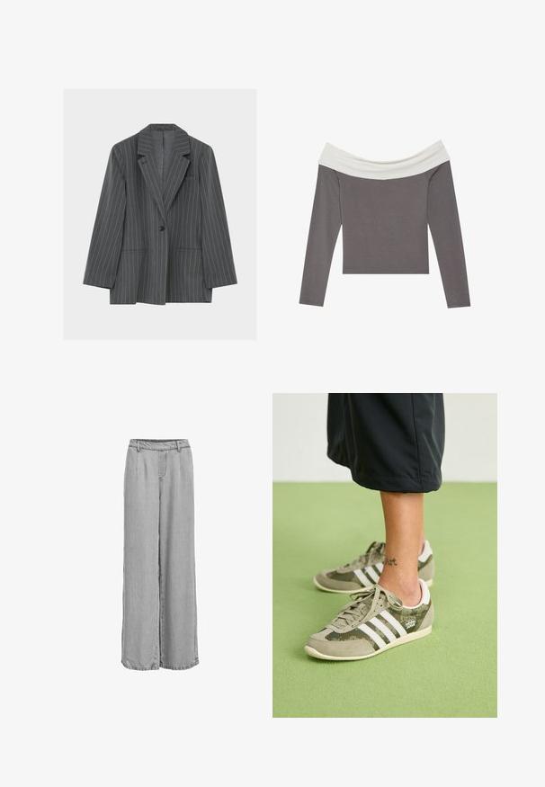 Blazer gris foncé à fines rayures, avec revers crantés, un bouton noir unique, deux poches avant et une poche poitrine, présenté sur un fond blanc.; Top à manches longues dénudé des épaules avec un corps gris et un col blanc. Texture lisse et design ajusté.; Pantalon large gris clair avec ceinture élastique et passants pour ceinture, présentant des coutures à l'avant et à l'arrière pour la forme.; Baskets vertes et grises avec trois rayures blanches, en suède et en mesh, design basse, et une étiquette de logo. Semelle en caoutchouc standard.