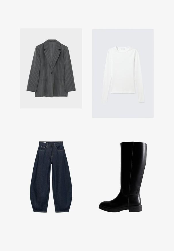Donkergrijze blazer met krijtstreep, voorzien van inkeping revers, een enkele zwarte knoop, twee voorszakken en een borstzak, afgebeeld op een witte achtergrond.; Effen wit shirt met lange mouwen en ronde hals, slim fit, afgebeeld tegen een lichtgrijze achtergrond.; Donkerblauwe denim jeans met wijde pijpen, voorzakken, riemlussen en een knoopsluiting in de taille.; Knee-high zwarte leren laarzen met een gladde textuur, ronde neus, minimale stiksels en een platte rubberen zool. Eenvoudig, strak ontwerp.