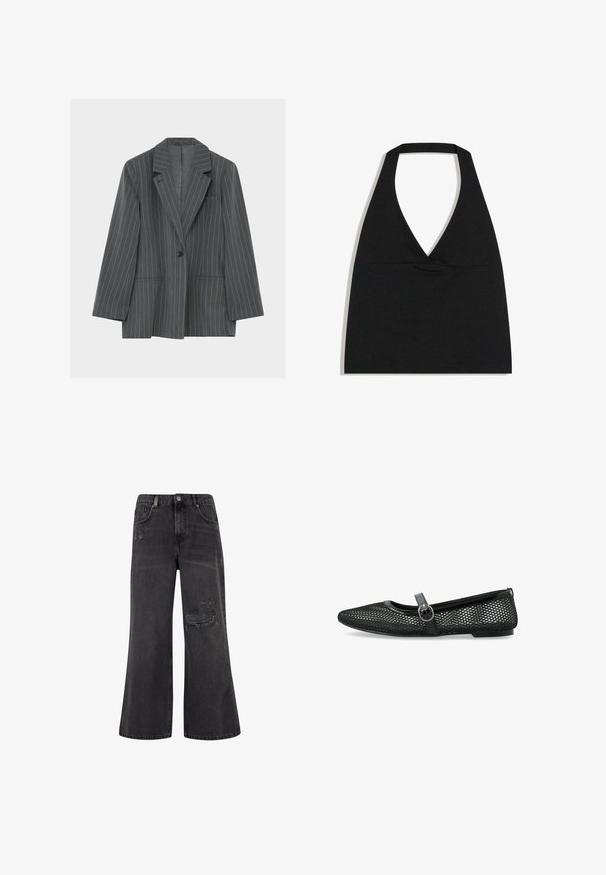 Mørkegrå blazer med nålestriber, hak revers, enkelt sort knap, to forlommer og en brystlomme, vist på en hvid baggrund.; Sort halterneck crop top med dyb V-udskæring og bred nakkestrop mod en hvid baggrund.; Bredbenede sorte jeans lavet af denim med slidte detaljer og høj talje, der har lukning med knap og lynlås.; Sorte mesh balletflade har en rund tå, en tynd rem med spænde og en flad sål. Overdelen har et geometrisk mønster for ventilation.