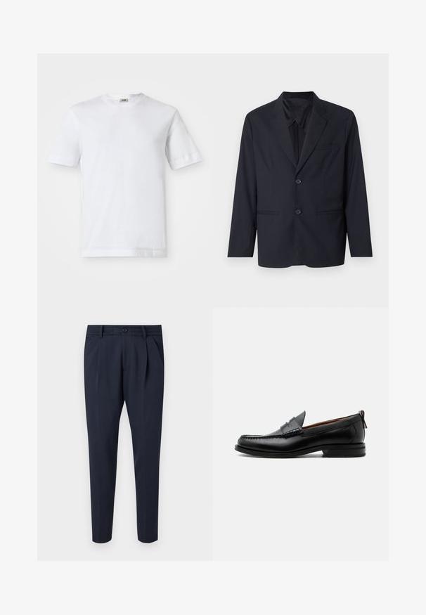 Blazer azul marino en una tela suave con diseño de un solo botón, dos botones, solapas con muesca y un bolsillo en el pecho.; Camiseta de algodón blanca con mangas cortas, escote redondo y una textura suave. No se observan patrones ni detalles.; Pantalones de marina hechos de tejido suave, con pliegues, cierre de cremallera y botón, bolsillos laterales y un diseño de pierna ajustada.; Mocasín de hombre de piel negra con costura moc toe, tira penny, cuello texturizado y tacón bajo apilado sobre fondo blanco.