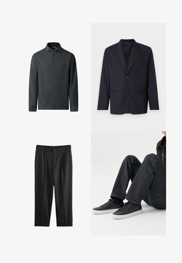 Marineblå blazer i et glat stof med en enkeltknaps design, to knapper, slaglapeller og en brystlomme.; Mørkegrå langærmet polo skjorte med struktureret stof, krave og tre-knaps placket. Har en lige kant og diskret syning.; Sorte højtaljede bukser med folder foran, sidelommer og et matchende bælte med en D-ring spænde.; Person siddende med bøjede ben, iført mørkeblå jeans og sorte lave sneakers med hvide såler på en hvid baggrund.