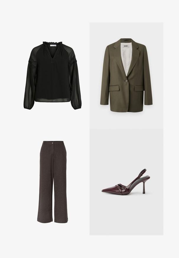 Oliven grøn blazer med enkelt knaplukning, klapkrave, to forlommer og et glat, struktureret stof. Indvendig foring er hvid.; Sort bluse med V-udskæring, flæsekrave, gennemsigtige lange ærmer og blondeaccenter på skuldrene. Let og luftig stof.; Mørkegrå højttaljede bukser med vide ben og lukning foran med knap og lynlås, lavet af struktureret stof.; Bourgogne laklæder slingback-hæl med spids tå, tynd ankelrem og lille dekorativ spænde. Glat tekstur og høj hæl.