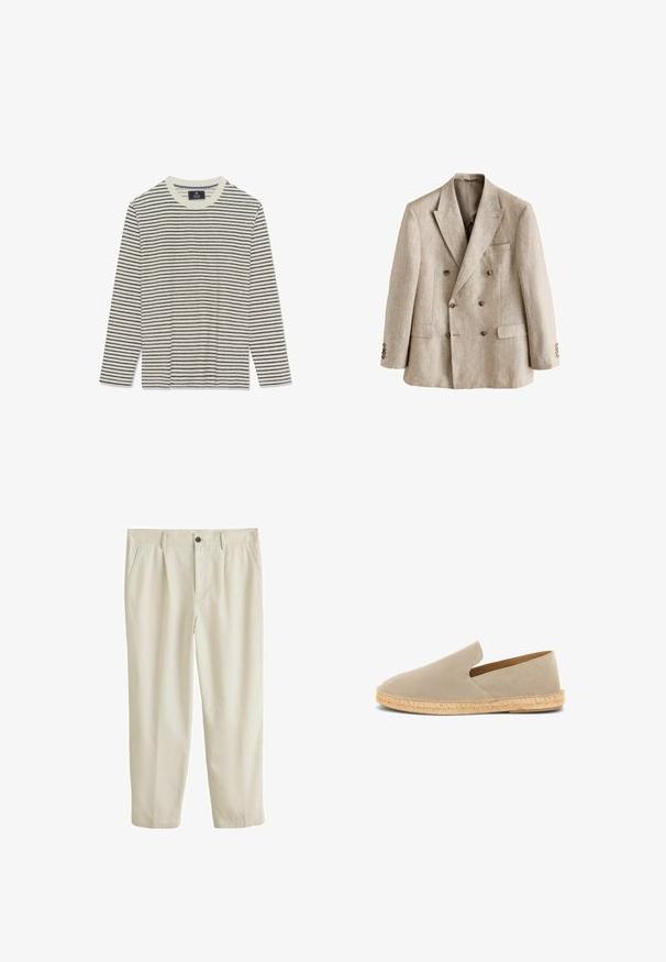 Beige dobbeltradet linnedblazer med hakket revers, seks brune knapper, to klaplommer og en brystlomme, vist på hvid baggrund.; Langærmet skjorte med en cremet base og tynde marineblå striber. Har en rund hals og en blød tekstur. Ingen synlige logoer eller udsmykninger.; Beige bukser med lige ben, bæltestropper, knap foran, lynlåslukning og sidelommer, vist på en hvid baggrund.; Beige ruskind espadrille med elastisk skaft, jutesnoet sål og lav hæl, set fra siden på hvid baggrund.