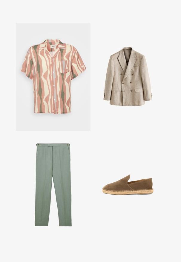 Beige dobbeltradet linnedblazer med hakket revers, seks brune knapper, to klaplommer og en brystlomme, vist på hvid baggrund.; Kortærmet button-up skjorte med et lyserødt, beige og grønt zigzag mønster; inkluderer en enkelt brystlomme og hvide knapper.; Reiss Habitbukser - sage; Brun ruskinds slip-on espadrille med flettet jutesål og lavtskårne sider, designet til afslappet brug.