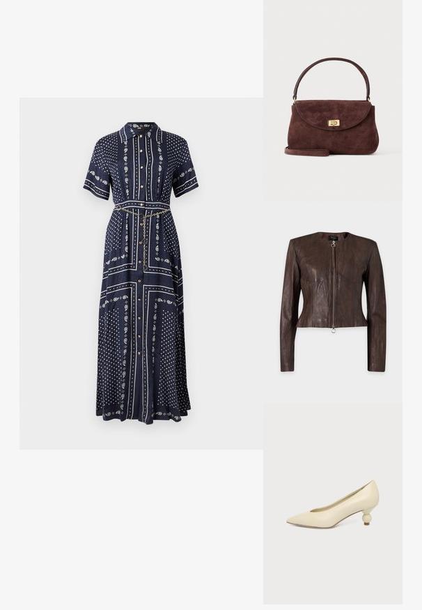 Veste en cuir marron à manches longues, taille ajustée, encolure ronde et fermeture éclair avant avec tirette anneau sur fond uni.; Robe longue bleu marine à manches courtes, motifs cachemire et points blancs, boutons à l'avant, col, et une fine ceinture chaîne dorée à la taille.; Chaussure femme couleur crème à bout pointu avec un petit talon rond en forme de boule, sur fond uni.; Petit sac à main en daim marron avec un rabat courbe, une fermeture à tour dorée, une poignée courte et une bandoulière optionnelle sur un fond uni.