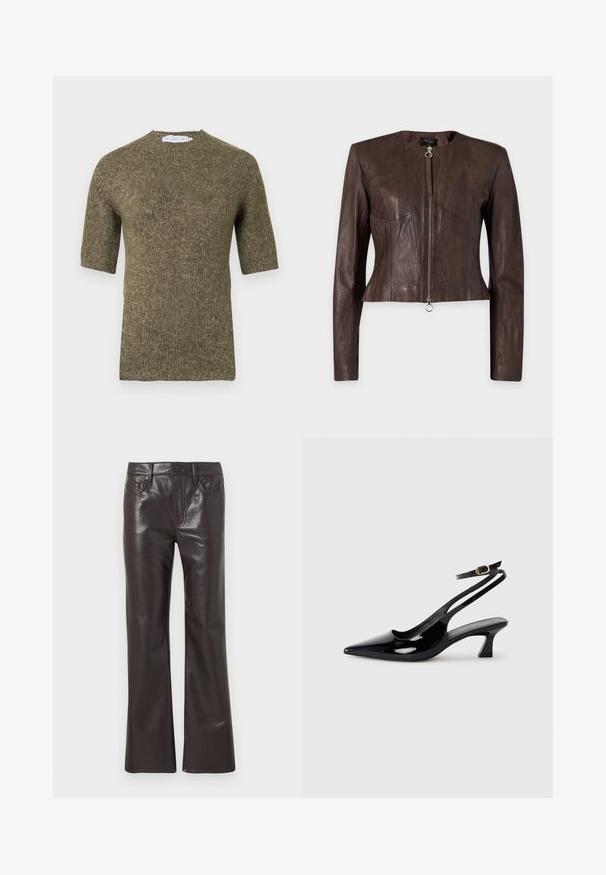 Veste en cuir marron à manches longues, taille ajustée, encolure ronde et fermeture éclair avant avec tirette anneau sur fond uni.; Pull en tricot à manches courtes, vert olive, avec un motif texturé et un col arrondi, présentant des détails côtelés sur les manches et l'ourlet.; Pantalon droit en similicuir marron foncé avec fermeture à bouton et fermeture éclair, poches avant et arrière, et passants pour ceinture.; Escarpins à brides arrière en cuir verni noir, à bout pointu, avec un petit talon carré et une sangle de cheville ajustable dotée d'une boucle dorée.