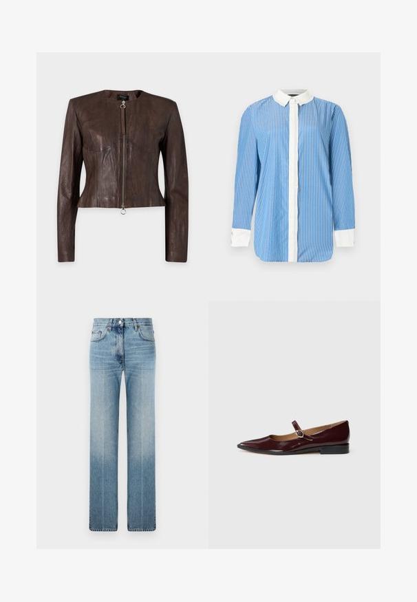 Veste en cuir marron à manches longues, taille ajustée, encolure ronde et fermeture éclair avant avec tirette anneau sur fond uni.; Chemise bleue à manches longues avec des rayures verticales blanches, un col blanc, une patte de boutonnage avant blanche et des poignets blancs avec boutons.; Jean droit bleu clair en denim, avec un léger dégradé, un design classique à cinq poches et un bouton en métal à la taille.; Ballerines en cuir verni bordeaux de type Mary Jane avec un bout pointu, un talon plat et une sangle décorative avec une boucle circulaire.
