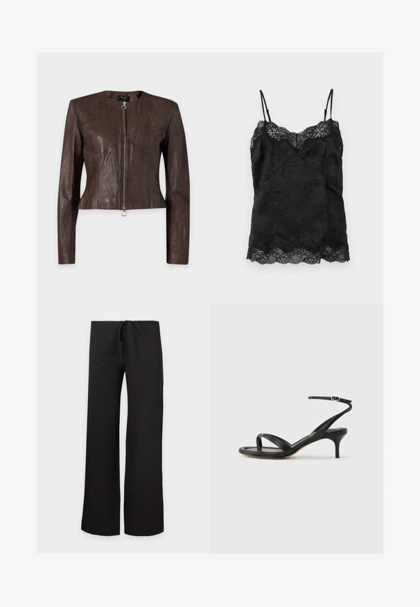 Veste en cuir marron à manches longues, taille ajustée, encolure ronde et fermeture éclair avant avec tirette anneau sur fond uni.; Camisole noire en satin avec fines bretelles ajustables, motif jacquard floral et bordure en dentelle le long de l'encolure et de l'ourlet.; Pantalon noir à jambes larges avec taille à cordon, présenté à plat sur fond blanc.; Sandale pour femme en cuir noir avec fines lanières, une boucle d'orteil, une boucle à la cheville et un talon aiguille de hauteur moyenne sur un fond neutre.