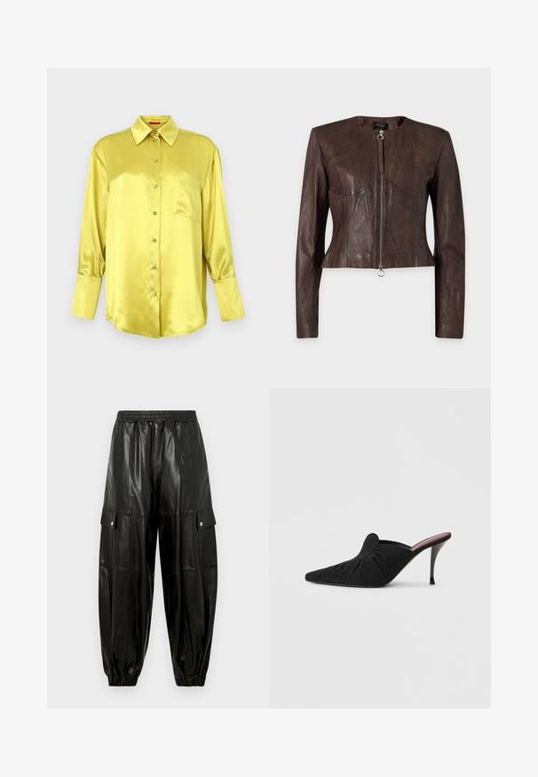 Veste en cuir marron à manches longues, taille ajustée, encolure ronde et fermeture éclair avant avec tirette anneau sur fond uni.; Chemise boutonnée jaune satinée à manches longues, col classique, poche poitrine unique et détails à boutons sur le devant. Texture lisse.; Pantalon cargo noir en similicuir avec taille élastique, poches à rabat à boutons-pression sur les côtés, et poignets élastiques aux chevilles.; Mule noir à talon haut avec bout pointu, tissu doux à texture froncée sur le devant et talon aiguille fin.