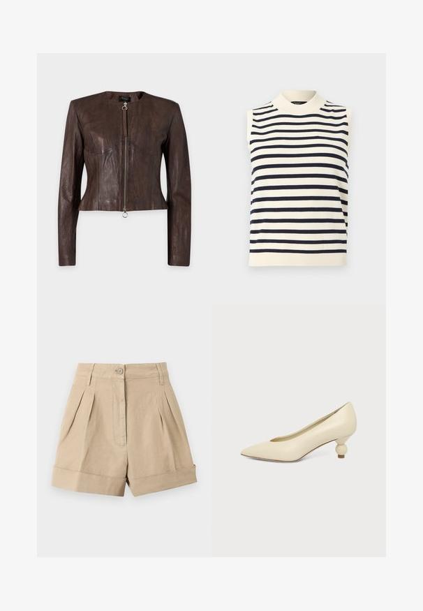 Veste en cuir marron à manches longues, taille ajustée, encolure ronde et fermeture éclair avant avec tirette anneau sur fond uni.; Haut sans manches crème avec des rayures horizontales noires, col rond haut et bord-côtes, présenté sur un fond blanc.; Shorts beiges taille haute, ajustés, avec plis à l'avant, fermeture par bouton et zip, passants pour ceinture et ourlets retroussés.; Chaussure femme couleur crème à bout pointu avec un petit talon rond en forme de boule, sur fond uni.