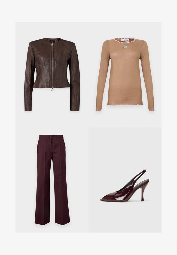 Veste en cuir marron à manches longues, taille ajustée, encolure ronde et fermeture éclair avant avec tirette anneau sur fond uni.; Pull marron à manches longues avec bordure rose en forme de vague sur l'encolure, les poignets et l'ourlet, orné d'une petite fleur et d'une abeille brodées sur la poitrine.; Pantalon ajusté bordeaux foncé avec fermeture bouton et zip à l'avant, jambes droites, et poches latérales sur un fond uni clair.; NEOUS HAMAL - Escarpins à talons hauts - dark chocolate