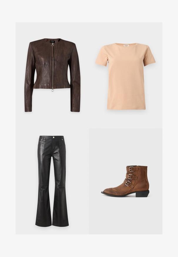 Brun læderjakke med lange ærmer, tætsiddende talje, rund halsudskæring og forlynlås med ringtræk på ensfarvet baggrund.; Beige kortærmet T-shirt med rund halsudskæring og lige kant på en ensfarvet lysegrå baggrund.; Højtaljede bukser i sort kunstlæder med vidde ben, frontknap og lynlås samt lommer foran og bagpå.; Brune læder ankelstøvler med tre sølv spænder, spids tå og dekorativ syning langs siderne. Lav blokhæl.