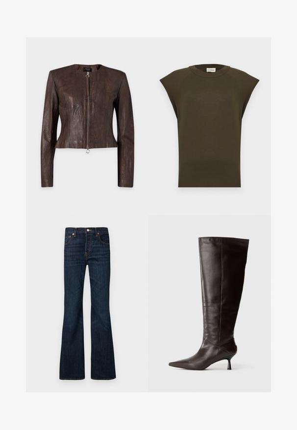 Veste en cuir marron à manches longues, taille ajustée, encolure ronde et fermeture éclair avant avec tirette anneau sur fond uni.; Haut sans manches en maille vert olive foncé avec col rond et ourlet côtelé, présenté à plat sur un fond clair.; Jean en denim bleu foncé avec une légère patte d'éléphant, fermeture avant par bouton et zip, cinq poches et coutures visibles orange.; Botte en cuir marron, hauteur genou, avec un bout pointu et un talon fin. Texture lisse et design élégant, arborant une silhouette minimaliste.
