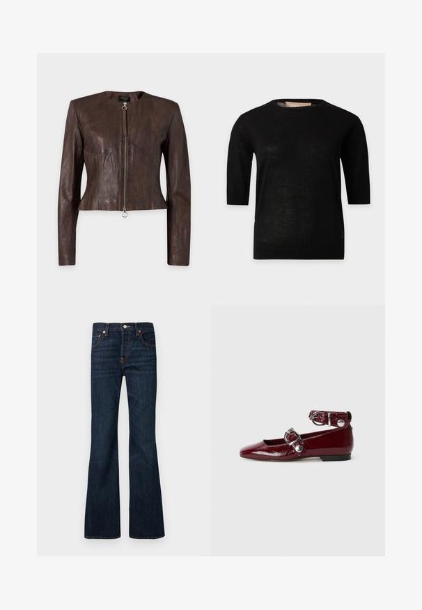 Veste en cuir marron à manches longues, taille ajustée, encolure ronde et fermeture éclair avant avec tirette anneau sur fond uni.; Haut en maille noir à manches courtes avec encolure ronde et ourlet droit, présenté sur un fond blanc uni.; Jean en denim bleu foncé avec une légère patte d'éléphant, fermeture avant par bouton et zip, cinq poches et coutures visibles orange.; Ballerines en cuir verni bordeaux avec un bout pointu, une bride de cheville avec une boucle en argent et un petit talon. Texture lisse sur l'ensemble.