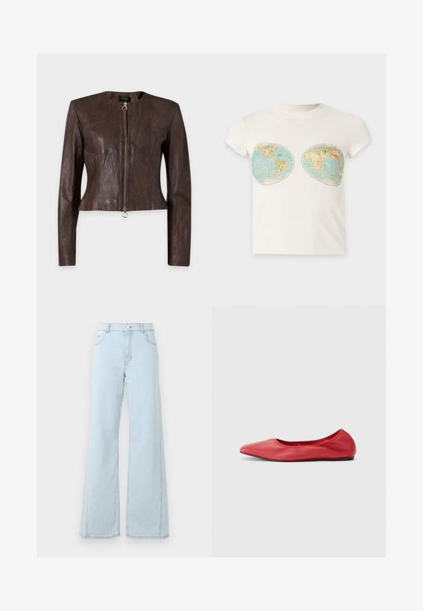 Braune Lederjacke mit langen Ärmeln, tailliertem Bund, rundem Ausschnitt und Frontreißverschluss mit Ringzug auf einfarbigem Hintergrund.; Weißes T-Shirt mit kurzen Ärmeln und zwei Vintage-Weltkarten-Prints im Brustbereich.; Helleblaue Denim-Jeans in weitem Schnitt mit hoher Taille, Fronttaschen und sichtbaren Nähdetails an den Nähten und dem Saum.; Filippa K REY FLATS - Klassischer Ballerina - bright red