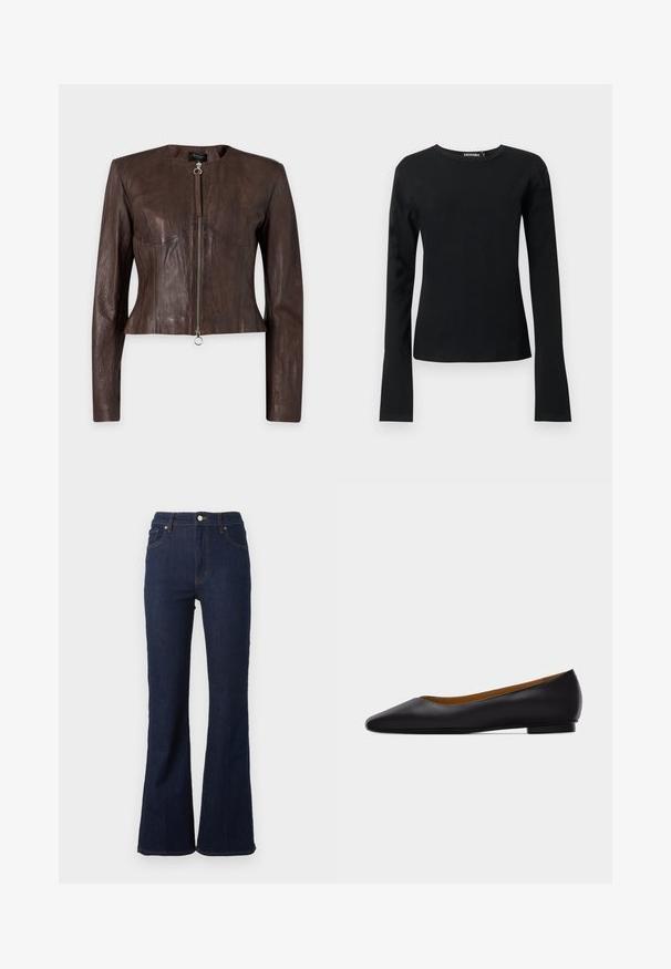 Veste en cuir marron à manches longues, taille ajustée, encolure ronde et fermeture éclair avant avec tirette anneau sur fond uni.; T-shirt noir ajusté à manches longues avec col rond, ourlet droit et tissu lisse, présenté sur un fond clair uni.; Jean en denim bleu foncé taille haute avec passants pour ceinture, bouton sur le devant, fermeture éclair, poches avant et arrière, et jambes légèrement évasées.; Chaussure plate en cuir noir à bout pointu avec talon bas et finition lisse, vue de côté sur un fond gris clair.