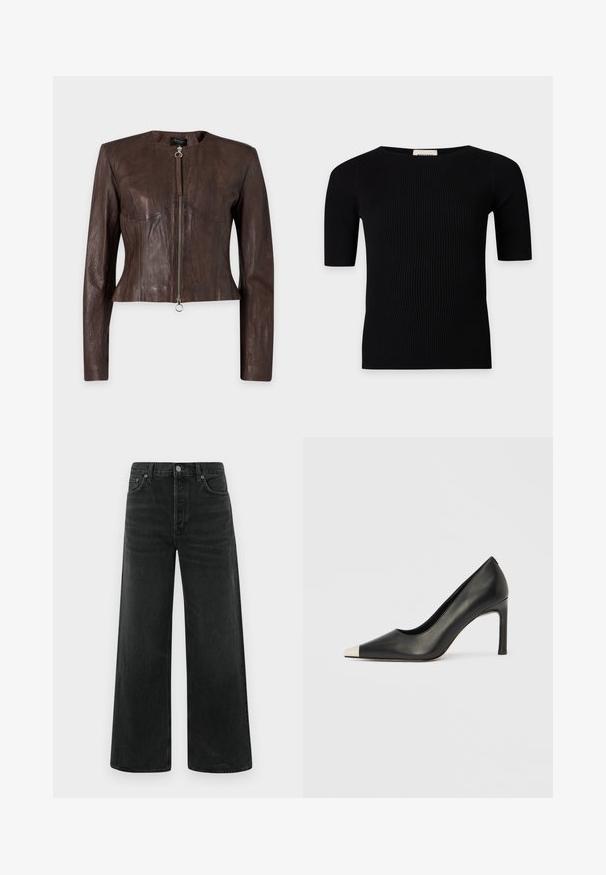 Veste en cuir marron à manches longues, taille ajustée, encolure ronde et fermeture éclair avant avec tirette anneau sur fond uni.; Top en maille côtelée noire à manches courtes avec un col rond et une coupe ajustée, présenté sur un fond gris clair.; Jean en denim noir à jambes larges, taille haute, poches avant et fermeture classique par bouton. Le tissu présente une finition lisse avec une légère texture.; Chaussure à talon haut en cuir noir avec bout pointu et capuchon argenté métallique. Présente une finition lisse et un talon fin de 10 cm.