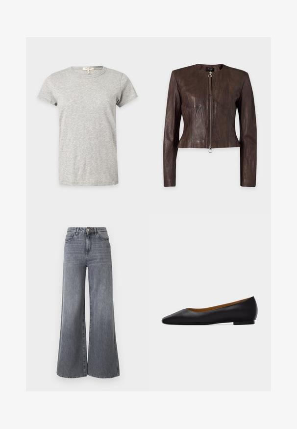 Veste en cuir marron à manches longues, taille ajustée, encolure ronde et fermeture éclair avant avec tirette anneau sur fond uni.; T-shirt gris clair à manches courtes et col rond avec un motif chiné subtil affiché sur un fond uni.; Jean à jambes larges en denim gris délavé. Comprend cinq poches, une fermeture avant par bouton, et une taille haute avec une finition texturée subtile.; Chaussure plate en cuir noir à bout pointu avec talon bas et finition lisse, vue de côté sur un fond gris clair.