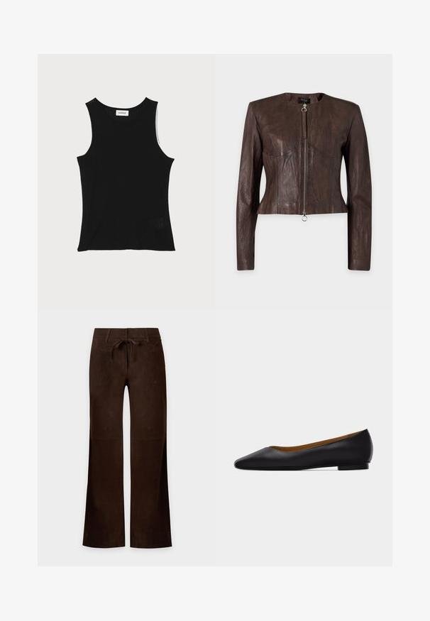 Veste en cuir marron à manches longues, taille ajustée, encolure ronde et fermeture éclair avant avec tirette anneau sur fond uni.; Débardeur noir à côtes avec un encolure ronde et de larges bretelles, présentant une finition texturée subtile et un petit détail en mesh au bas.; Pantalon en daim marron foncé avec jambes larges, poches avant, passants de ceinture et cordon noué à la taille.; Chaussure plate en cuir noir à bout pointu avec talon bas et finition lisse, vue de côté sur un fond gris clair.
