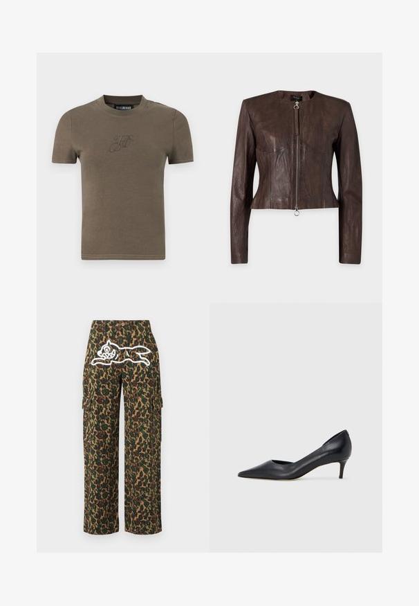 Veste en cuir marron à manches longues, taille ajustée, encolure ronde et fermeture éclair avant avec tirette anneau sur fond uni.; T-shirt marron uni à manches courtes avec encolure ronde et initiales brodées discrètes « H K » sur la poitrine.; Pantalon cargo camouflage à jambes larges avec un chien cartoon blanc aux dents pointues imprimé à l'avant, au niveau de la taille.; Escarpin en cuir noir avec un bout pointu et un talon bas. Présente une texture lisse et un éclat subtil. Découpe ouverte à l'avant pour un détail supplémentaire.