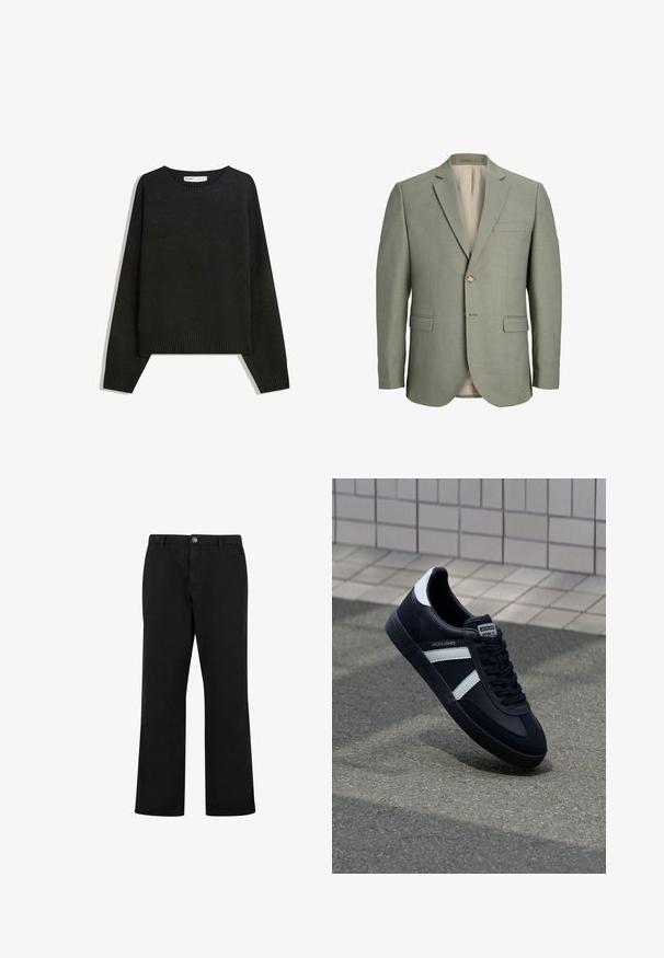 Lichtgrijze herensblazer met een rij knopen, met inkepingrevers, twee voorzakken met klep, één borstzak en twee knopen aan de voorkant.; Zwarte gebreide trui met een ronde hals, geribde manchetten en zoom. Het ontwerp is recht en heeft verlaagde schouders voor een comfortabele pasvorm.; Zwarte rechte broek met knoopsluiting aan de voorkant, riemlussen en zijzakken, getoond op een witte achtergrond.; Zwarte leren sneaker met witte strepen, een gestructureerde rubberen zool en vetersluiting aan de voorkant. Voorzien van een merklabel op de tong.