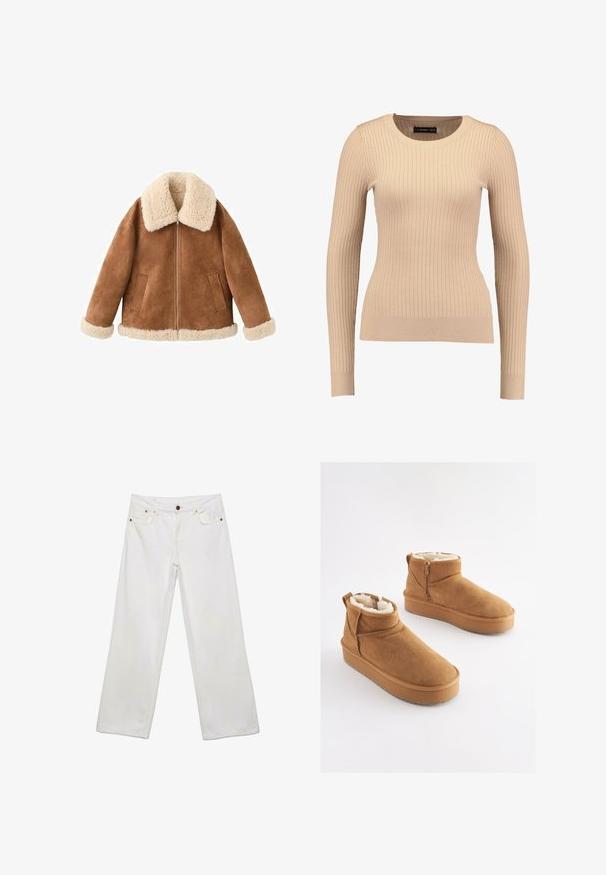 Brun ruskindsjakke med en cremet faux fur-krave og mansjetter. Har en front lynlås og to sidelommer. Blød tekstur og afslappet pasform.; Ribbet langærmet sweater i lys beige, lavet af strækbart stof. Har en rund halsudskæring og tætsiddende silhuet med ribbede manchetter.; Hvide denimjeans med lige, brede ben, frontknap og lynlås samt design med fem lommer.; Lysebrune ankelstøvler i ruskind med imiteret pelsforing, flad platformssål og lynlås i siden for nem påtagning. Har rundet tå og minimal syning.