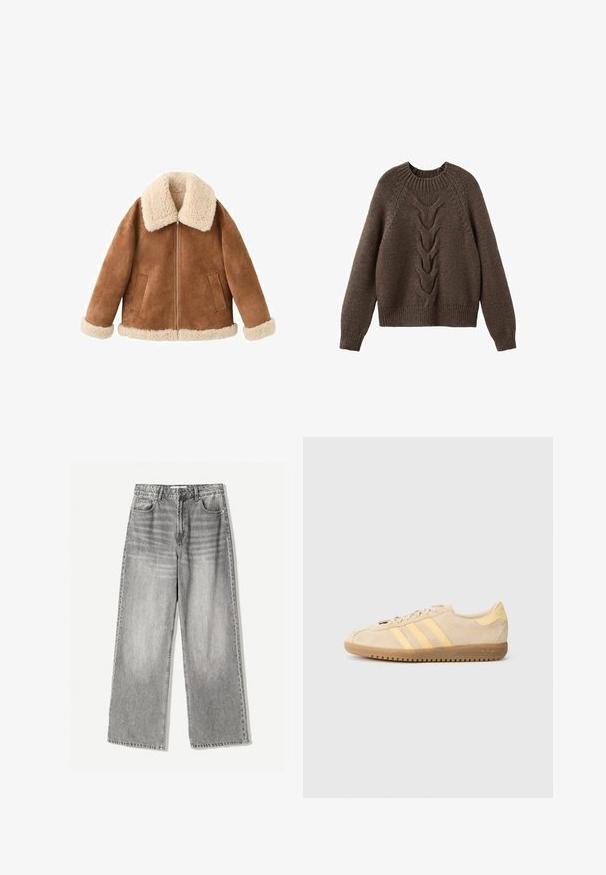 Brun ruskindsjakke med en cremet faux fur-krave og mansjetter. Har en front lynlås og to sidelommer. Blød tekstur og afslappet pasform.; Brun strikket sweater med rund halsudskæring, lange ærmer og et kabelstrikdesign, der løber ned langs fronten. Ribbet kant og manchetter.; VIDEAJEANS i falmet sort denim med høj talje, der har fem lomme design og kontrasterende syning for tekstur.; Beige ruskindssneaker med gule striber, gummisål og snørestil, vist fra siden på en ensfarvet lysegrå baggrund.