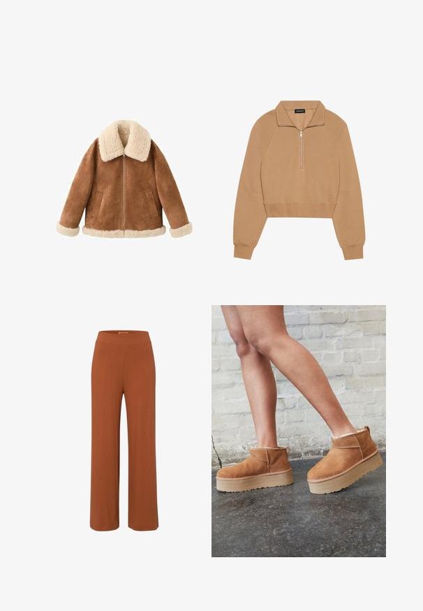 Bruine suède jas met een crème nepleren kraag en manchetten. Voorzien van een ritssluiting aan de voorkant en twee zijzakken. Zachte textuur en een relaxte pasvorm.; Even&Odd Sweater - tan; Roodbruine wijde broek van ribstof met een elastische tailleband, met een soepele textuur en een relaxte pasvorm.; Bruine suède enkelboots met een zachte voering, dikke beige plateauzool en een achterste lus. Getextureerde oppervlakte met zichtbare stiksels.