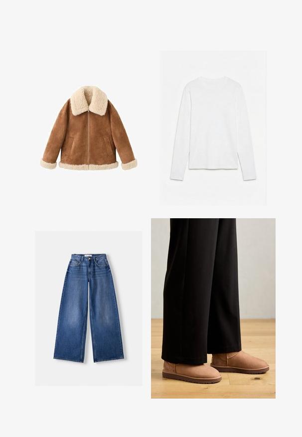 Brun ruskindsjakke med en cremet faux fur-krave og mansjetter. Har en front lynlås og to sidelommer. Blød tekstur og afslappet pasform.; Helt hvid langærmet t-shirt med rund hals lagt fladt på en hvid overflade, der viser fronten og hele ærmelængden.; Bredbenet blå denimjeans med forlommer, bæltestropper og knaplukning, lagt fladt på en lys baggrund.; Brune ruskinds ankelstøvler med flad gummisål, rund tå og minimal syning, båret med sorte brede bukser på et trægulv.