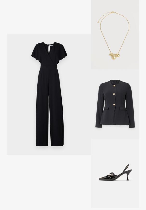 Sort skræddersyet blazer med lange ærmer, rund krave, to forlommer med klap og tre dekorative gyldne blomsterknapper.; Sort jumpsuit med bred bendesign, korte flæseærmer og v-udskæring. Har en nøglehulslukning bagpå og en tætsiddende talje for et strømlinet look.; ALOHAS JOELLE ONIX - Pumps - black; Halskæde i guldtone med tre uregelmæssige, glatte vedhæng formet som små sten på en tynd kæde med justerbar lukning.